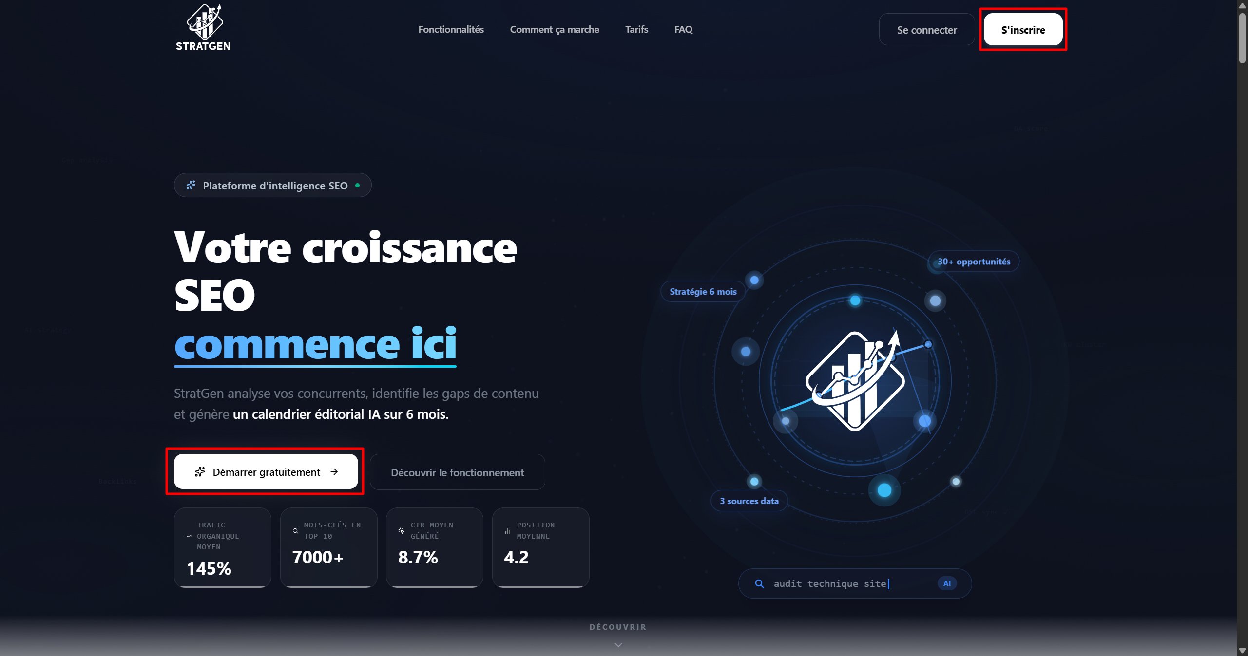 Page d'accueil StratGen avec le bouton S'inscrire