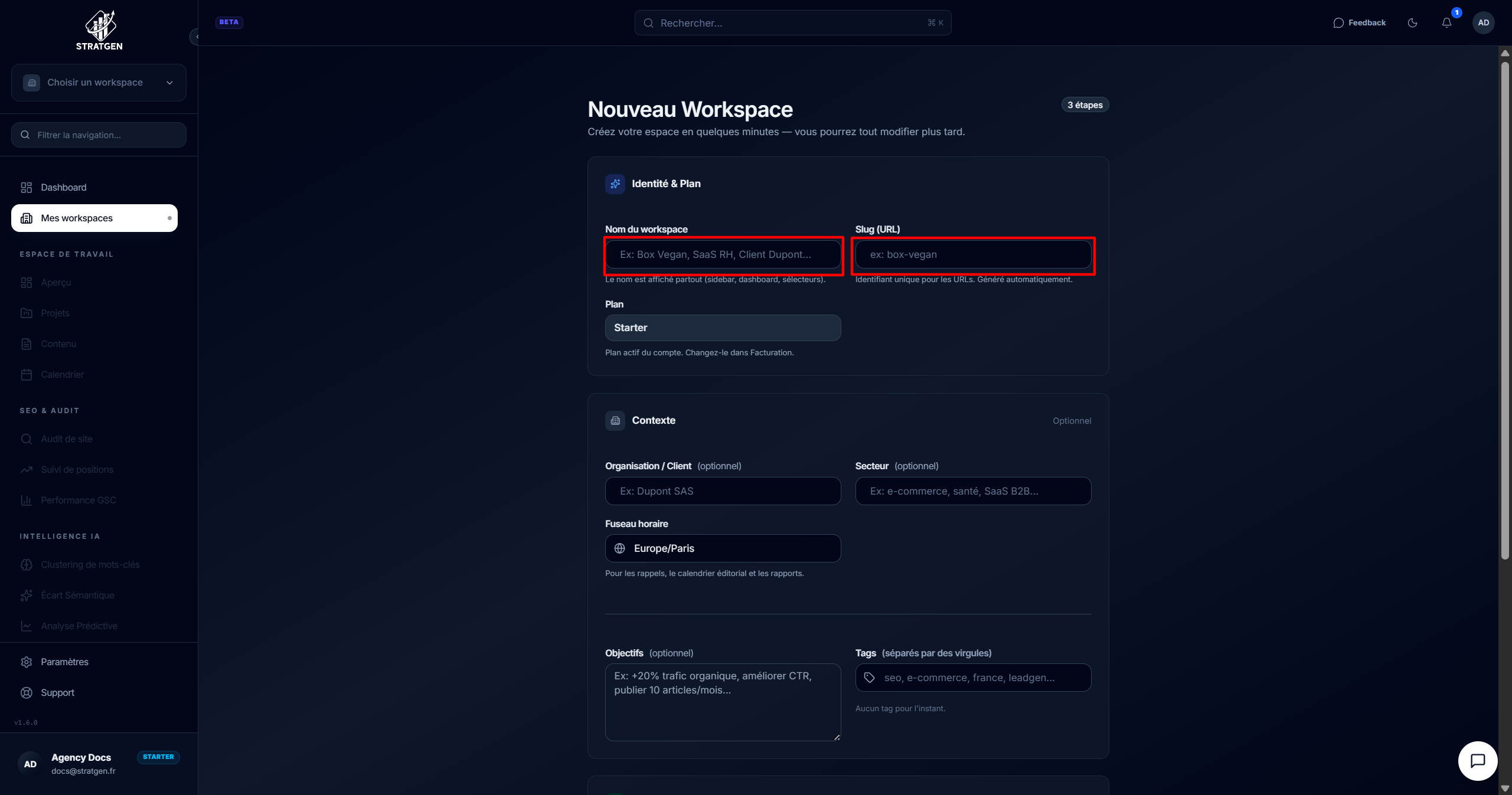 Champs nom et slug du workspace