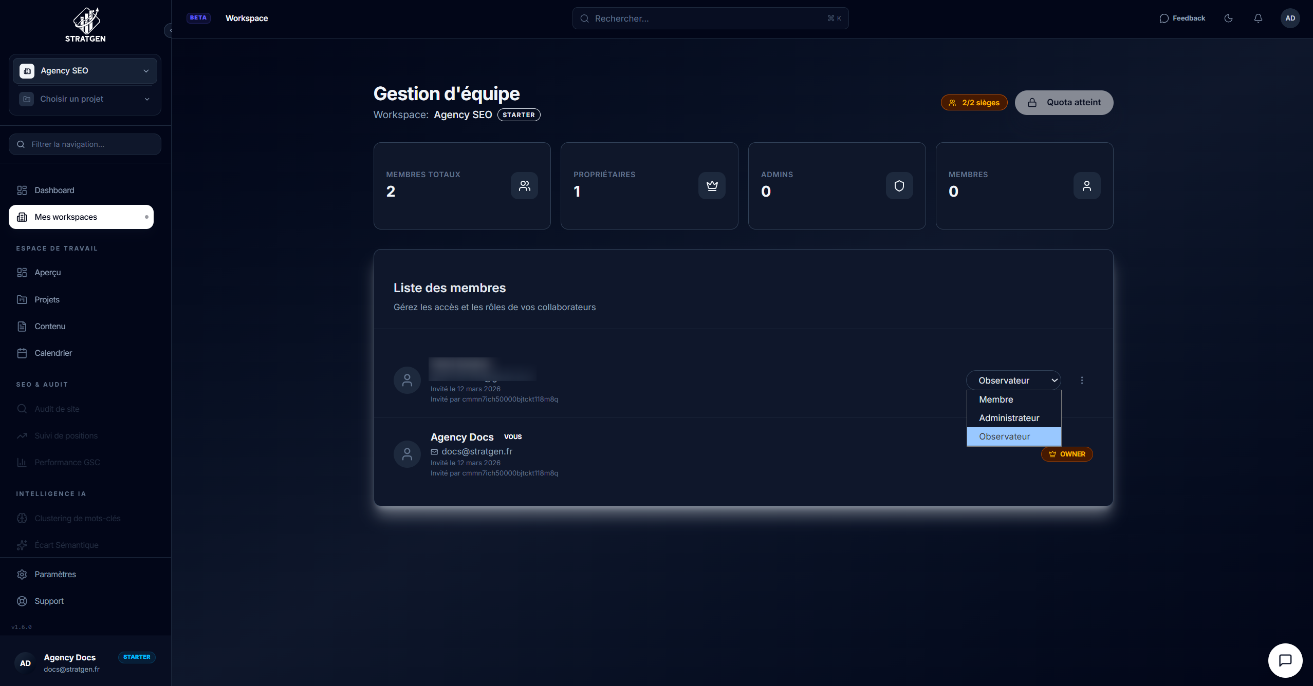 Modification du rôle d'un membre dans l'onglet Équipe