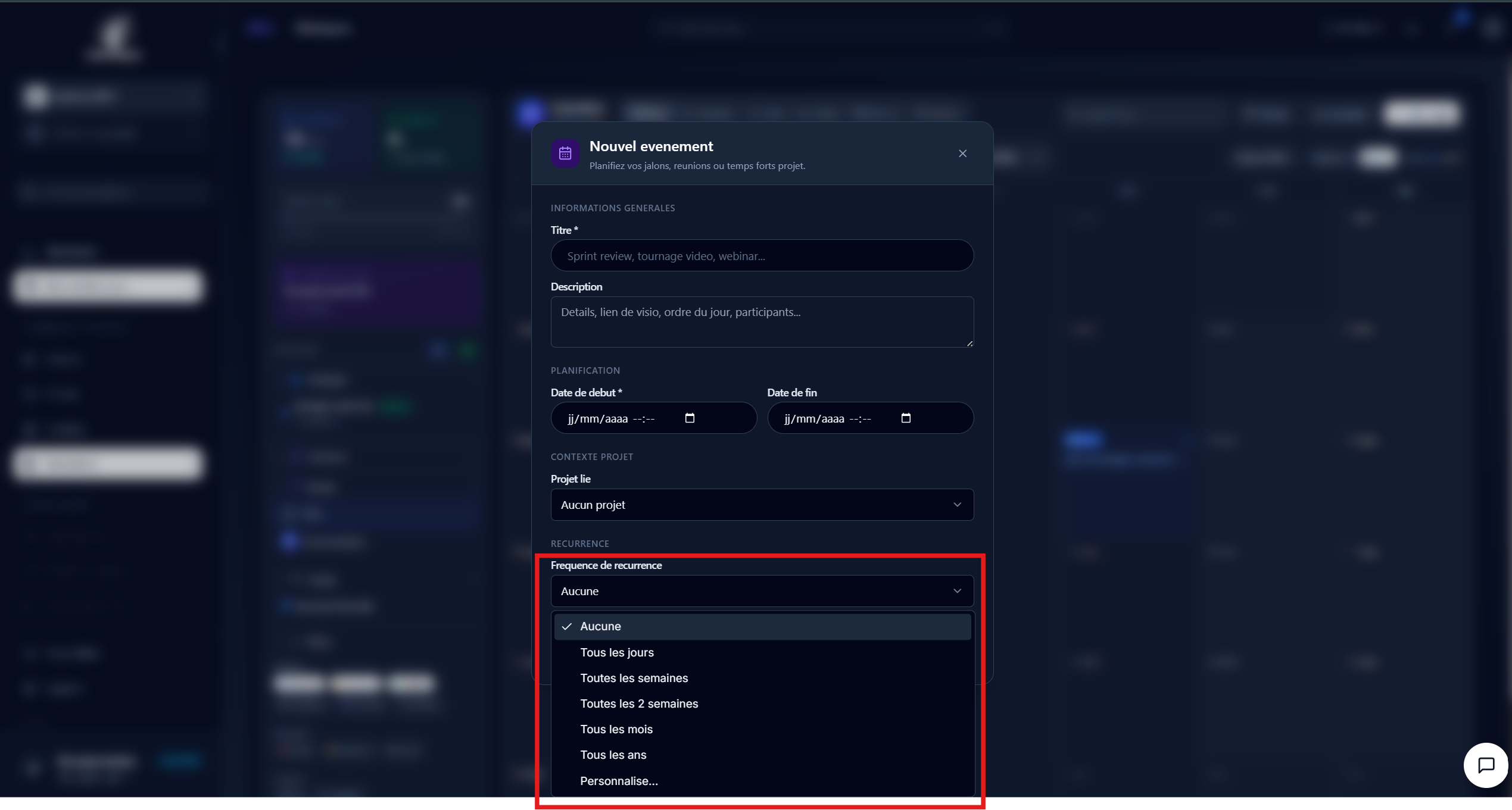 Dialogue de modification d'un événement récurrent