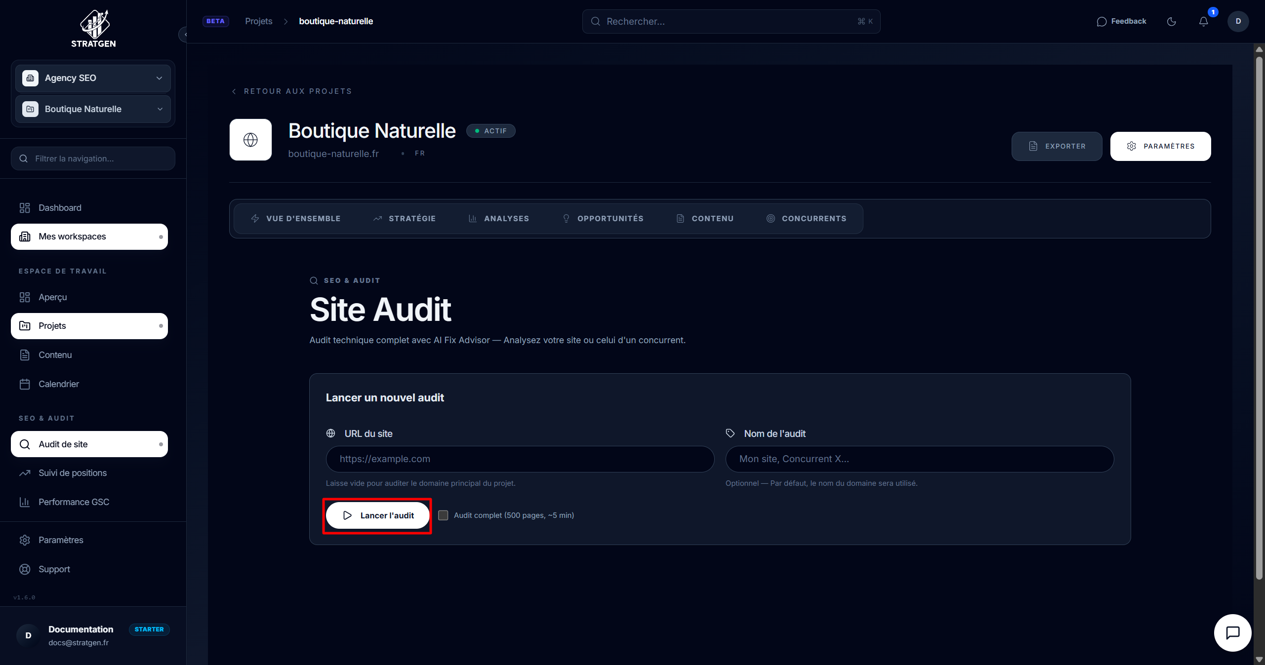 Page d'accueil de l'outil d'audit