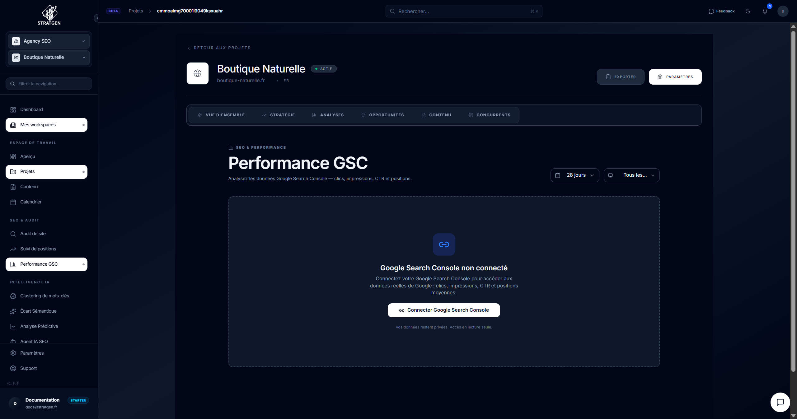 Tableau de bord Google Search Console dans StratGen