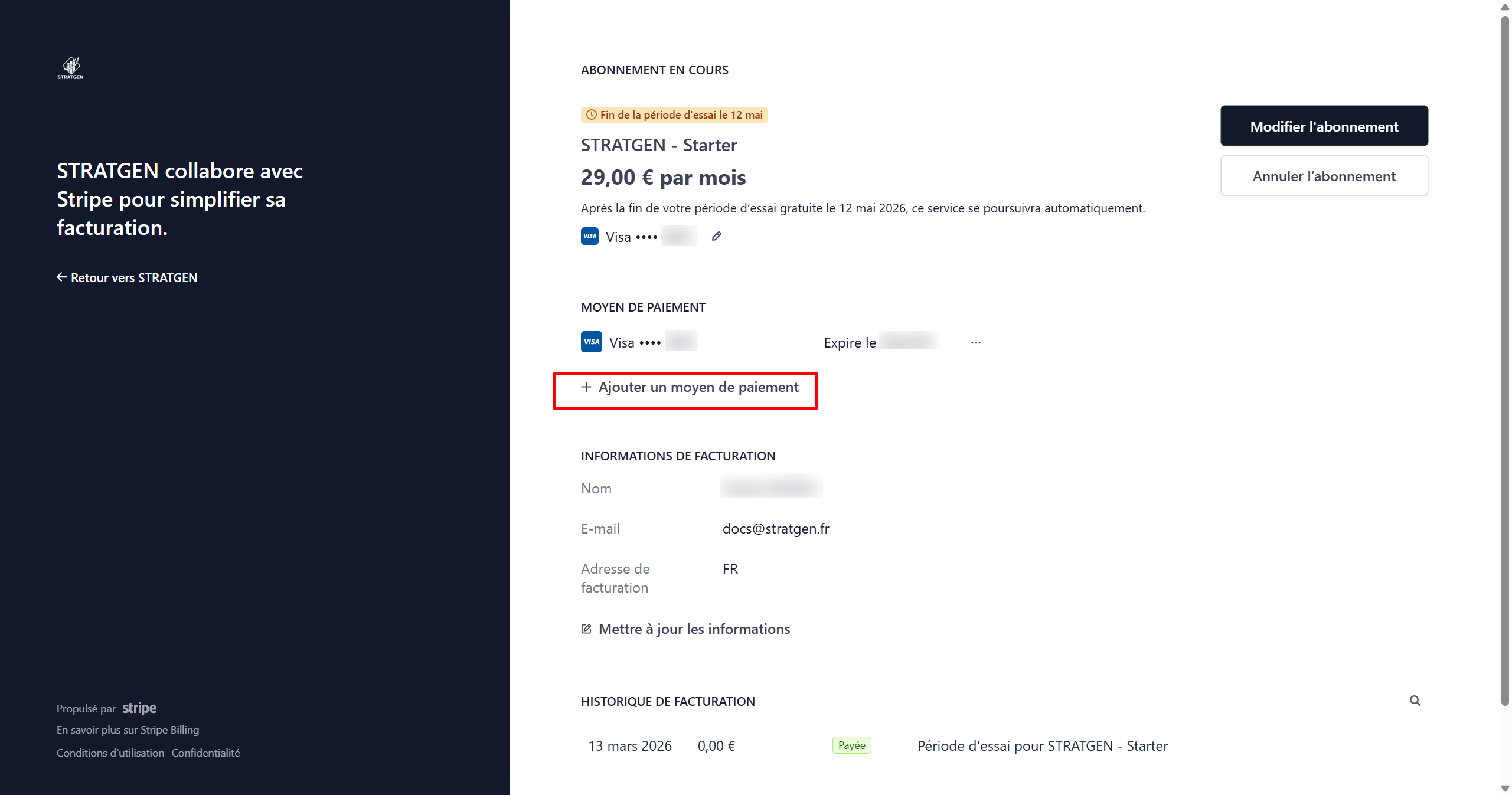 Vue d'ensemble de la facturation dans les paramètres