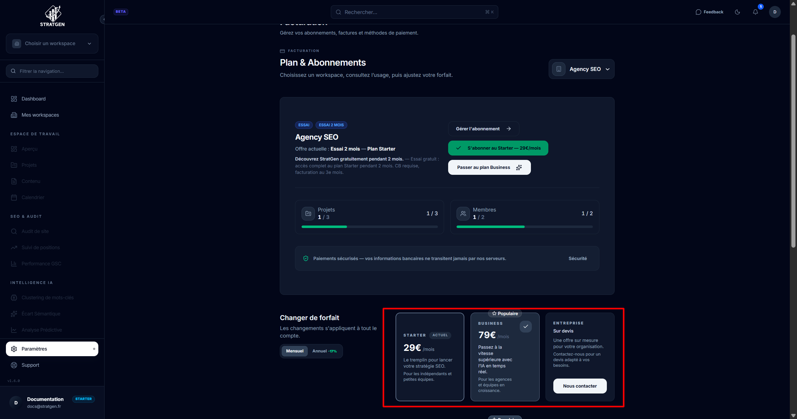 Page de gestion de l'abonnement