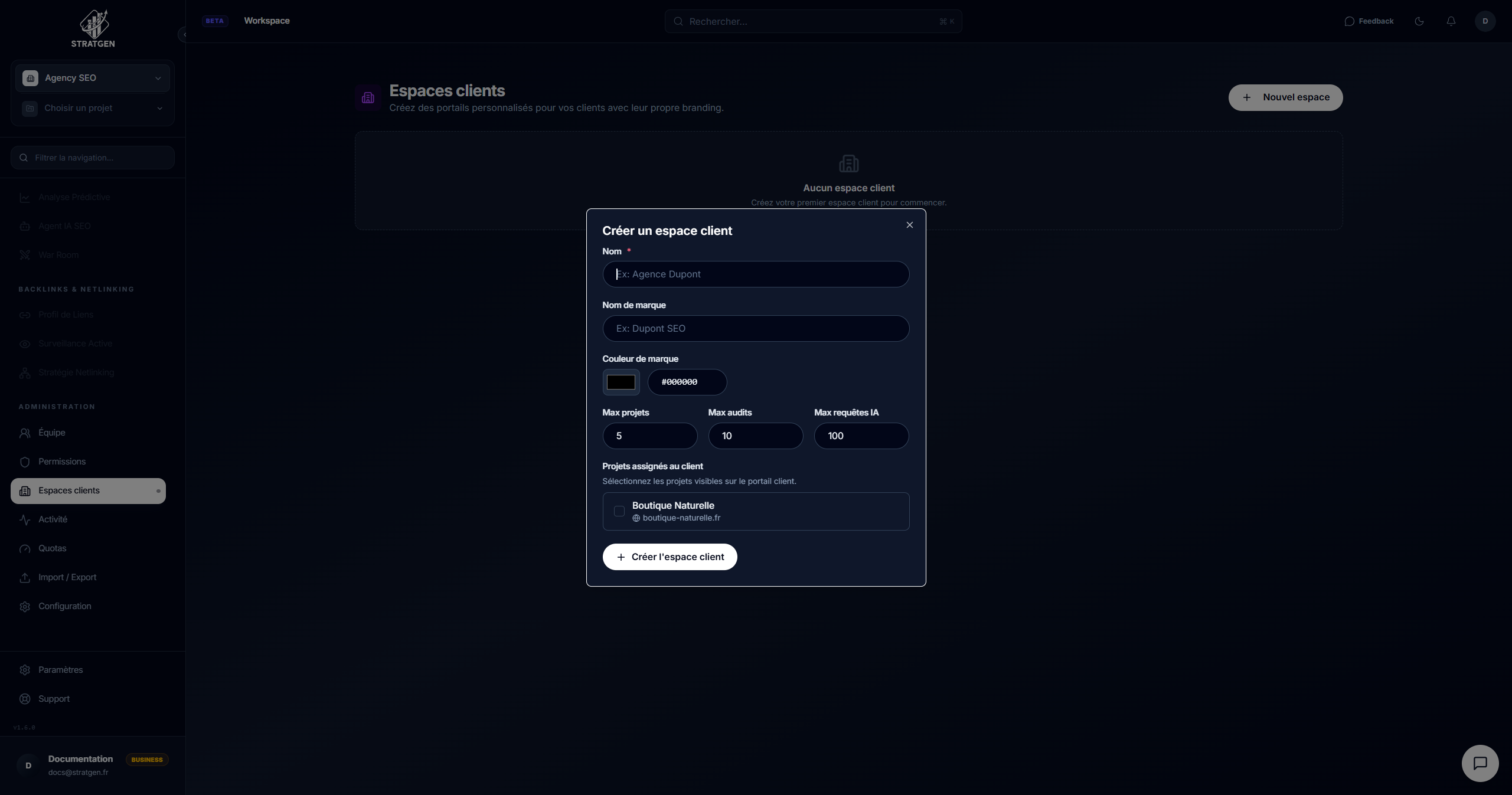 Formulaire de création d'un espace client